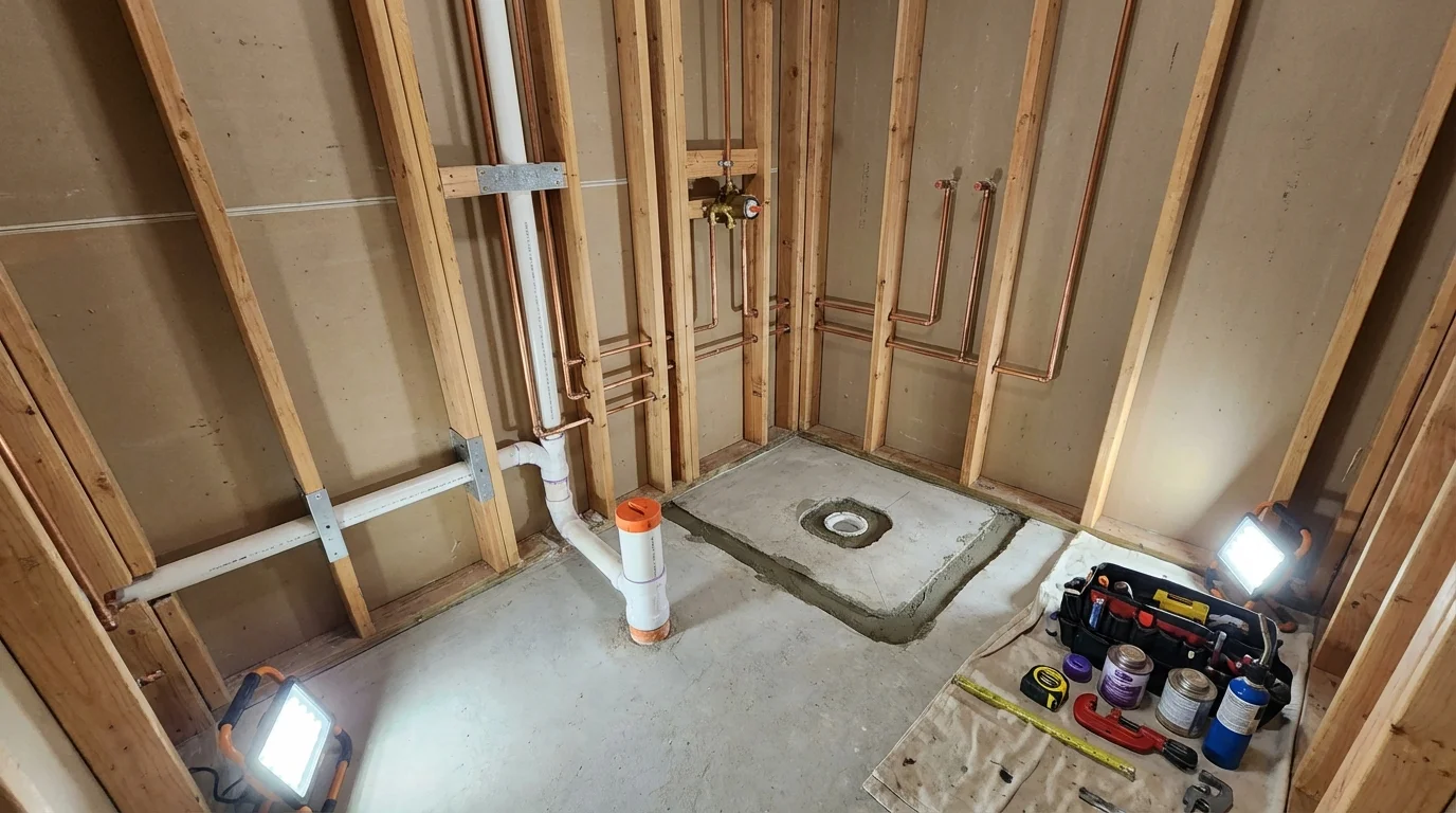 Bathroom rough-in plumbing during remodel by Johns Plumbing LLC in Fellsmere