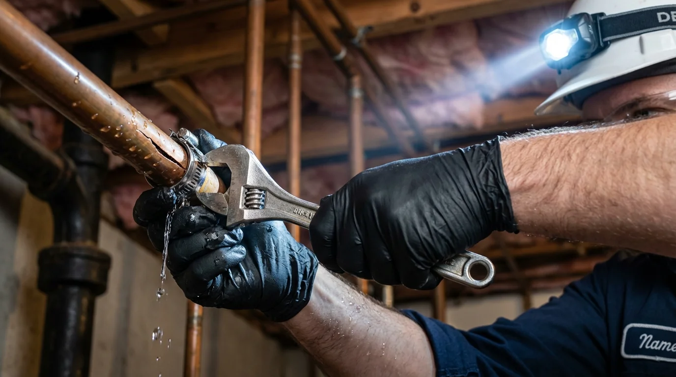 Emergency pipe clamp repair being performed by a Johns Plumbing LLC plumber in Fellsmere
