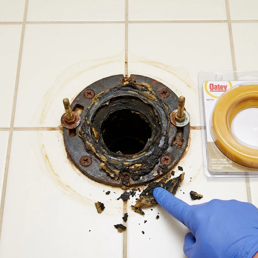 Failed wax ring showing water seepage at the base of a toilet in a Fellsmere, FL home