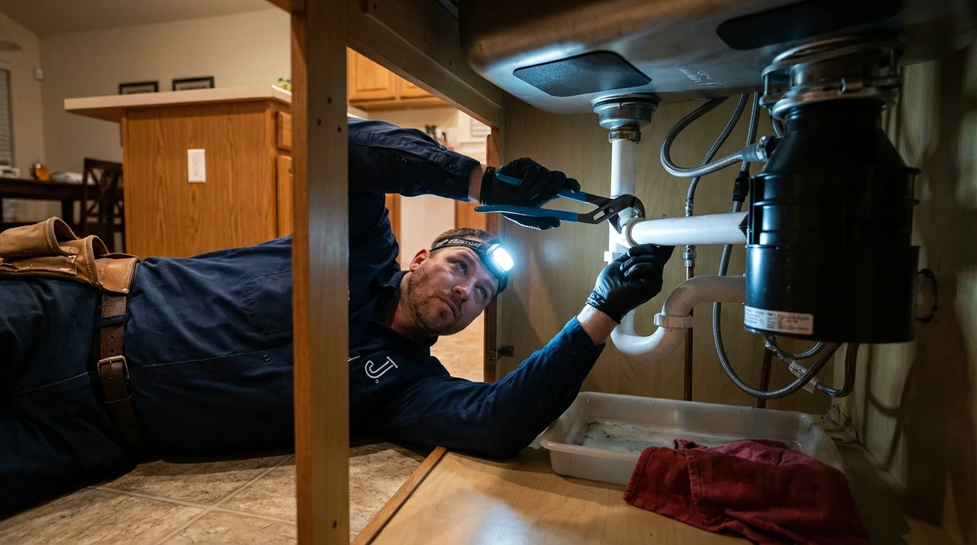 P-trap and supply line connections under a kitchen sink showing a common leak point in Fellsmere, FL